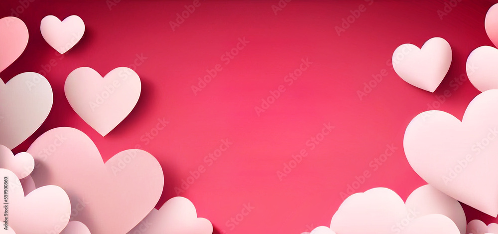  Poster or banner with blue sky and paper-cut clouds. place for text. Happy Valentine's day sale header or voucher template with hanging hearts.illustration