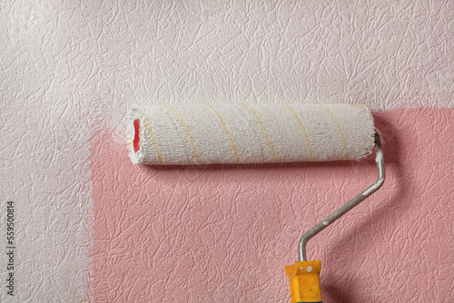 A paint roller paints a pink wall with white paint, close-up.