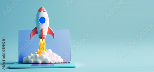 Rocket launch on laptop, flying rocket icon, business startup project concept. 3d render illustration