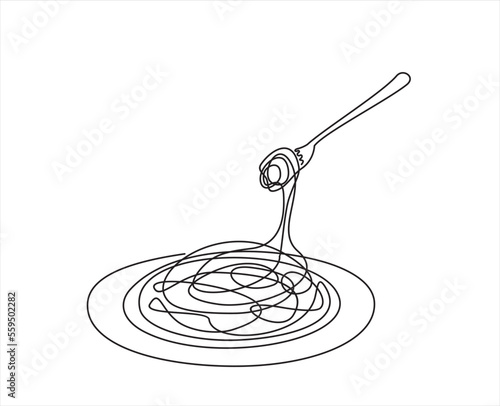 Single continuous line drawing of delicious spaghetti with fork. Italy pasta noodle restaurant concept  for cafe, shop or food delivery service