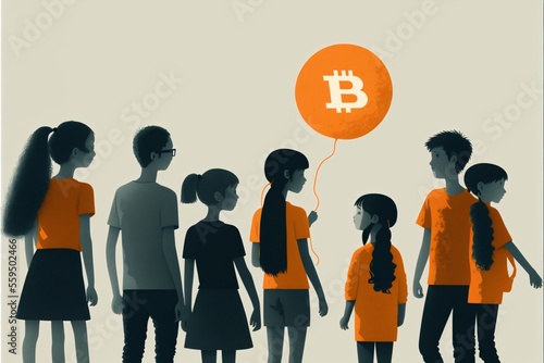 un groupe de jeune adoptant Bitcoin en tant que nouveau système monétaire pour un futur plein d'espoir, crée par une IA générative photo