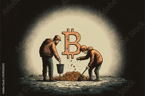 deux personnes travaillant pour gagner du Bitcoin comme monnaie principale, crée par une IA générative photo