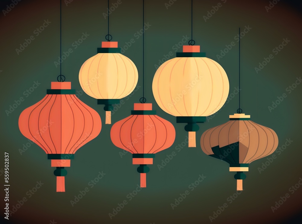 group of Chinese lanterns hanging from the ceiling, show the decorations inside a venue where the Chinese New Year festival is being celebrated, DIGITAL ART (AI Generated) group of Chinese lanterns hanging from the ceiling, show the decorations inside a venue where the Chinese New Year festival is being celebrated, DIGITAL ART (AI Generated)