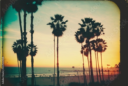 Analog photo style llustration with ocean and palm trees  landscape