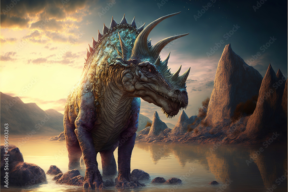 Fototapeta premium Epic dinosaur in a fantasy landscape, Generative AI