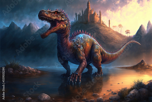 Majestic dinosaur in a fantasy landscape, Generative AI