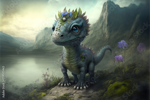 Cute baby dinosaur in a fantasy landscape  Generative AI