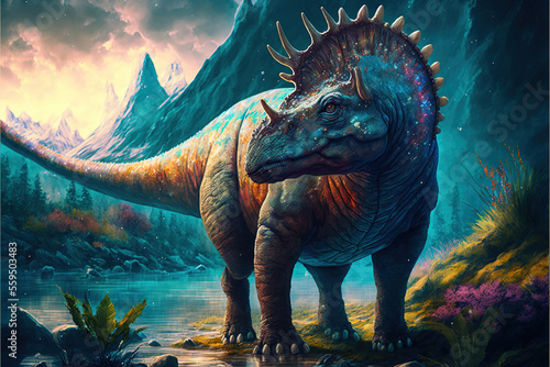 Majestic dinosaur in a fantasy landscape, Generative AI © Dianne