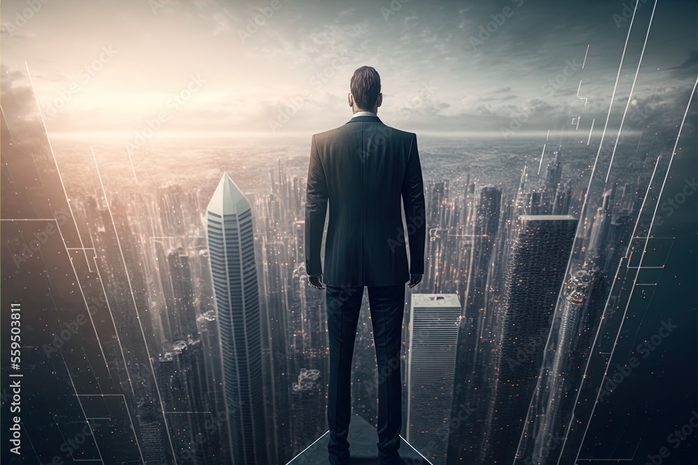 Businessman standing on the highest point of skyscrapers, overlooking smart line city. A man in a suit looking out over a city. Generative AI. Businessman standing on the highest point of skyscrapers, overlooking smart line city. A man in a suit looking out over a city. Generative AI.