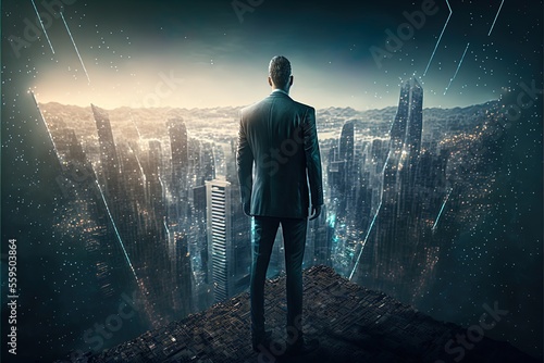 Businessman standing on the highest point of skyscrapers, overlooking smart line city. A man in a suit looking out over a city. Generative AI.