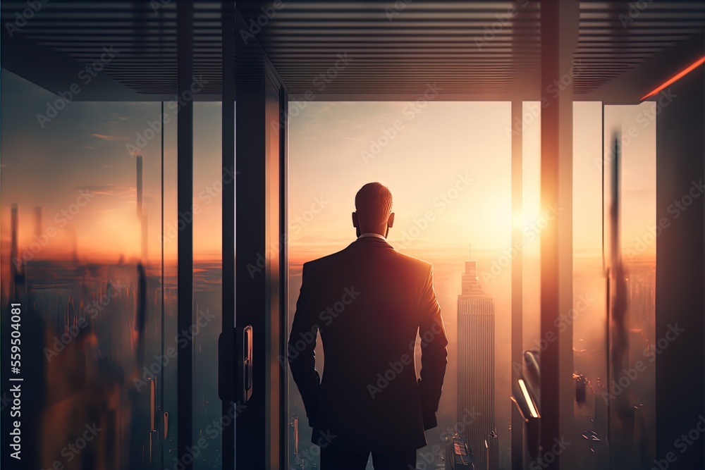 Businessman standing in rising transparent elevator and looking the whole city. A man in a suit looking out over a city. Generative AI. Businessman standing in rising transparent elevator and looking the whole city. A man in a suit looking out over a city. Generative AI.