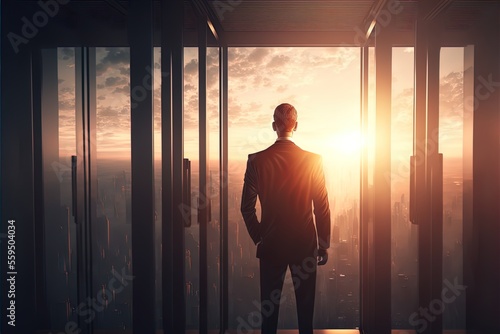 Businessman standing in rising transparent elevator and looking the whole city. A man in a suit looking out over a city. Generative AI.