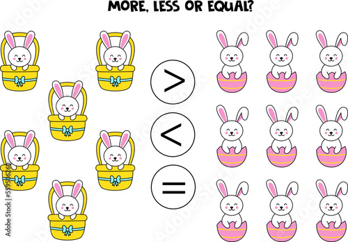 More, less or equal with cute cartoon Easter rabbits.