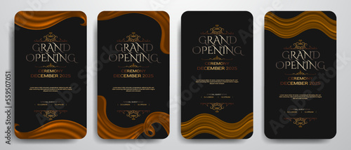 Grand opening elegant luxury banner social media story template with red curtain, silk swirl, black background