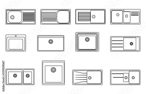 Kitchen sink set on white background, vector line
