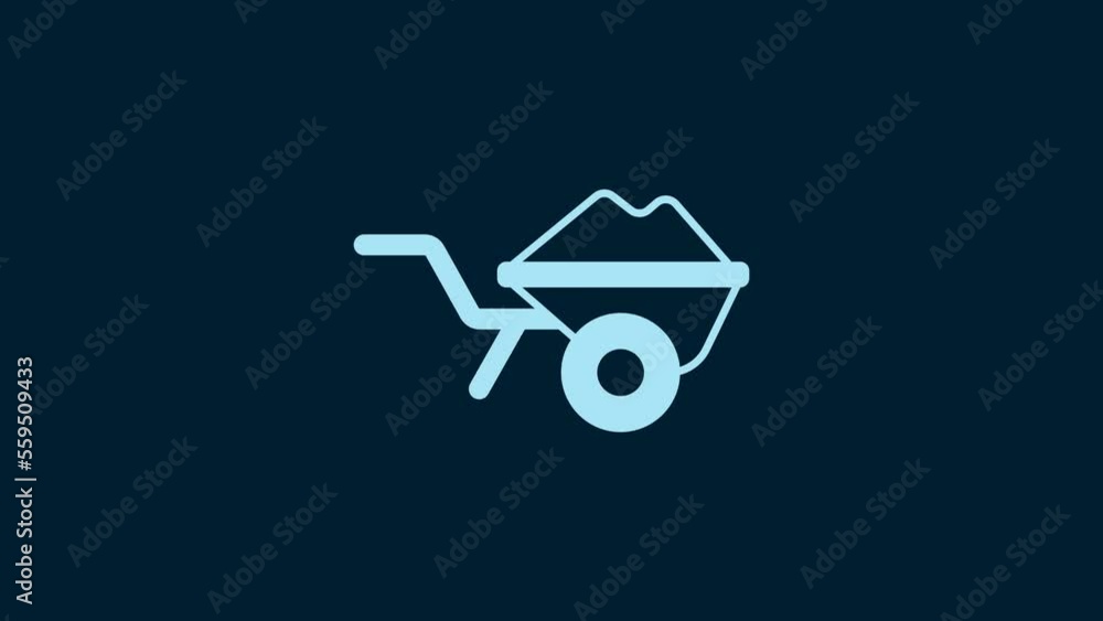 White Wheelbarrow with dirt icon isolated on blue background. Tool equipment. Agriculture cart wheel farm. 4K Video motion graphic animation White Wheelbarrow with dirt icon isolated on blue background. Tool equipment. Agriculture cart wheel farm. 4K Video motion graphic animation