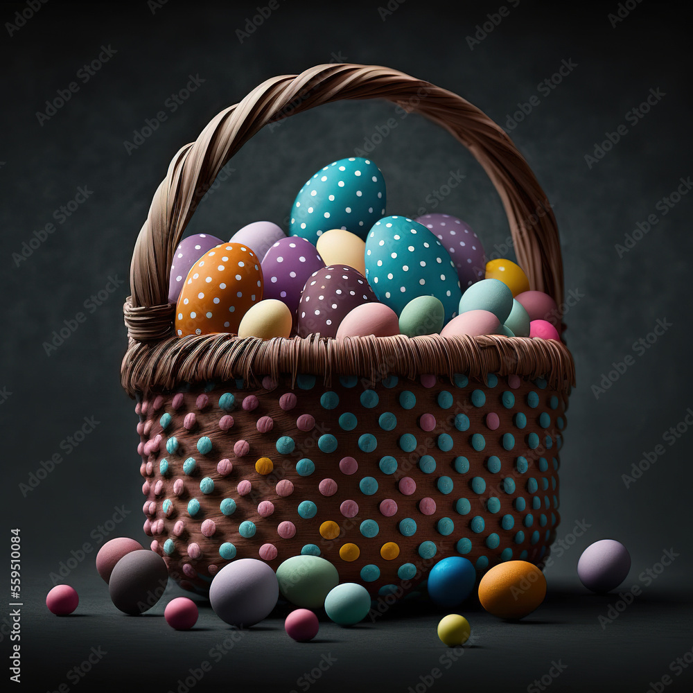 Easter basket full of eggs, holly. Generative AI - obrazy, fototapety, plakaty 