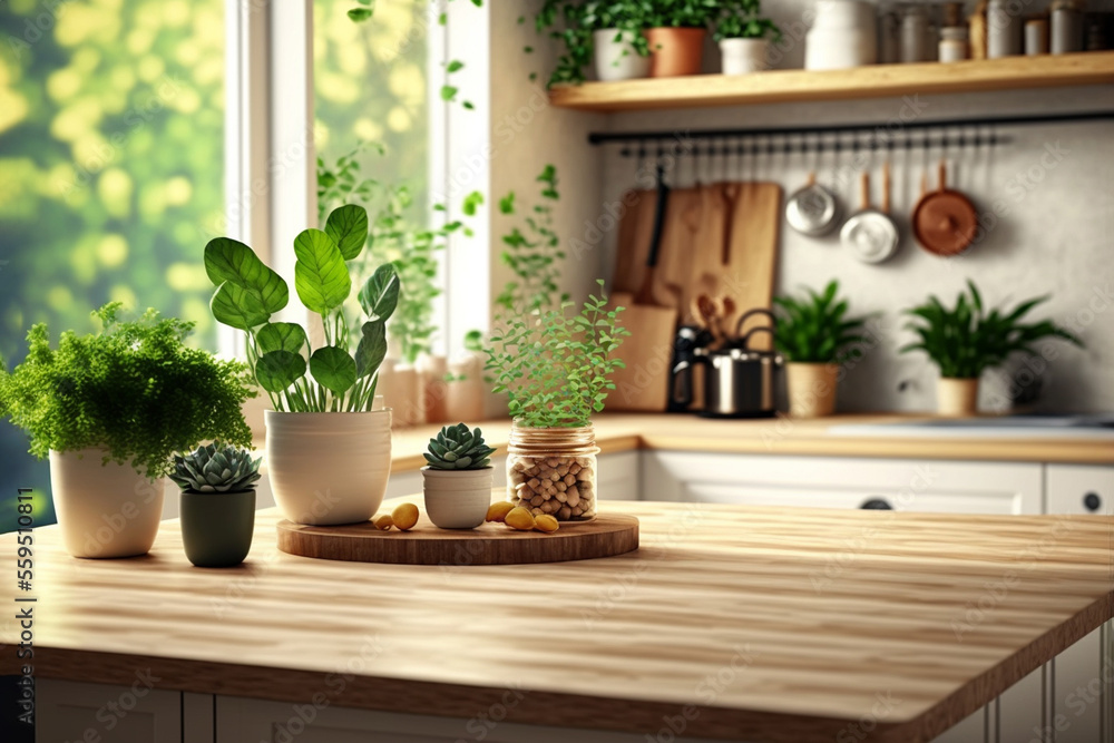 Wood table top with green plants on blur kitchen counter (room)background.