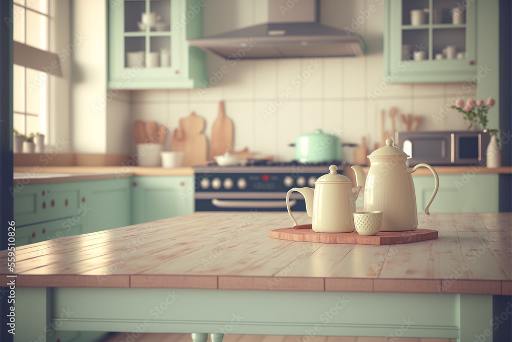 Wood table top with green plants on blur kitchen counter (room)background. Wood table top with green plants on blur kitchen counter (room)background.