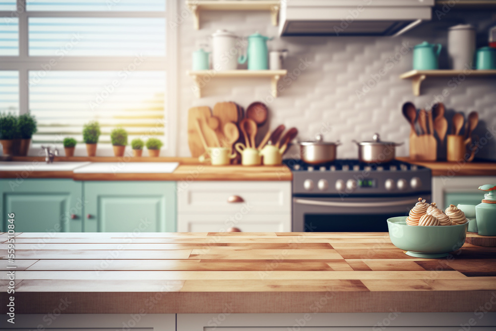 Wood table top with green plants on blur kitchen counter (room)background. Wood table top with green plants on blur kitchen counter (room)background.