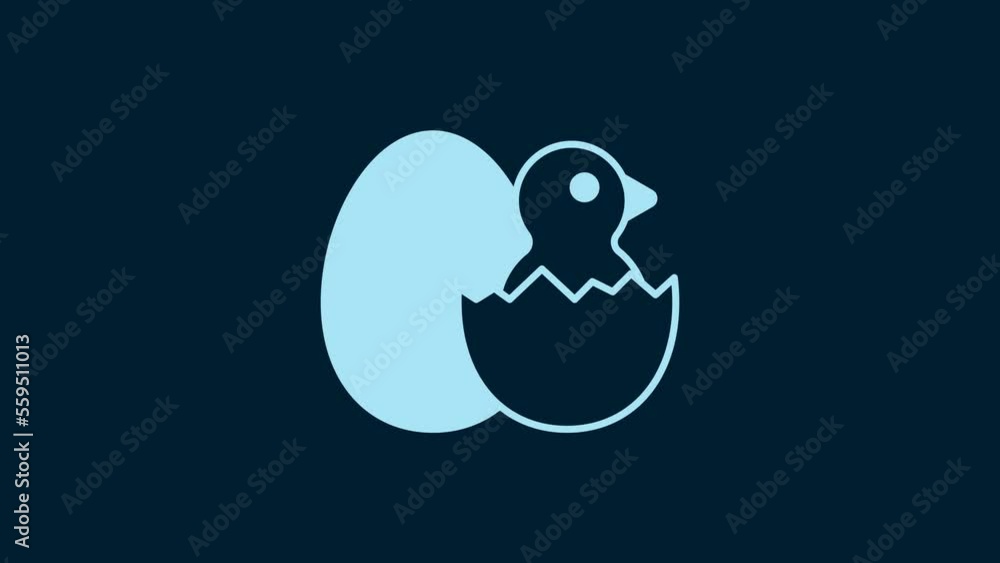 White Little chick in cracked egg icon isolated on blue background. 4K Video motion graphic animation White Little chick in cracked egg icon isolated on blue background. 4K Video motion graphic animation