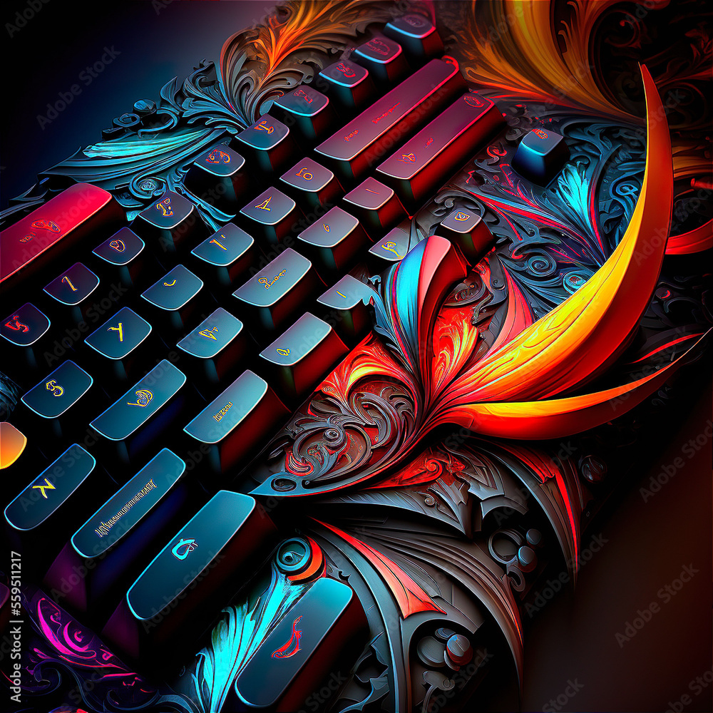 Metal futuristic RGB Gamer Keyboard, Detailed and Colorful Design.