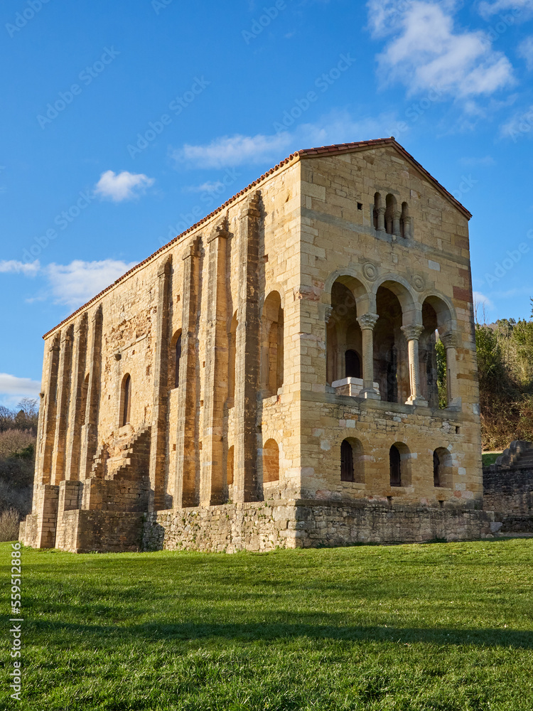 The church of Santa Maria del Naranco was originally the royal hall (aula regia) of the palace of King Ramiro I. Asturian pre-Romanesque architecture in Oviedo, Asturias, Spain, Europe