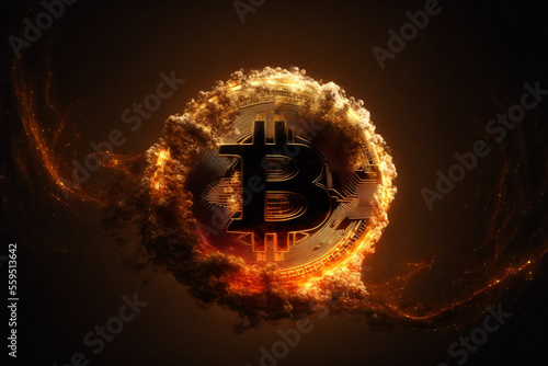 Bitcoin explosion in a fireball surrounded by flames on a black background. Crypto market bearish scenario and the burst of the crypto-currency bubble, generative ai photo