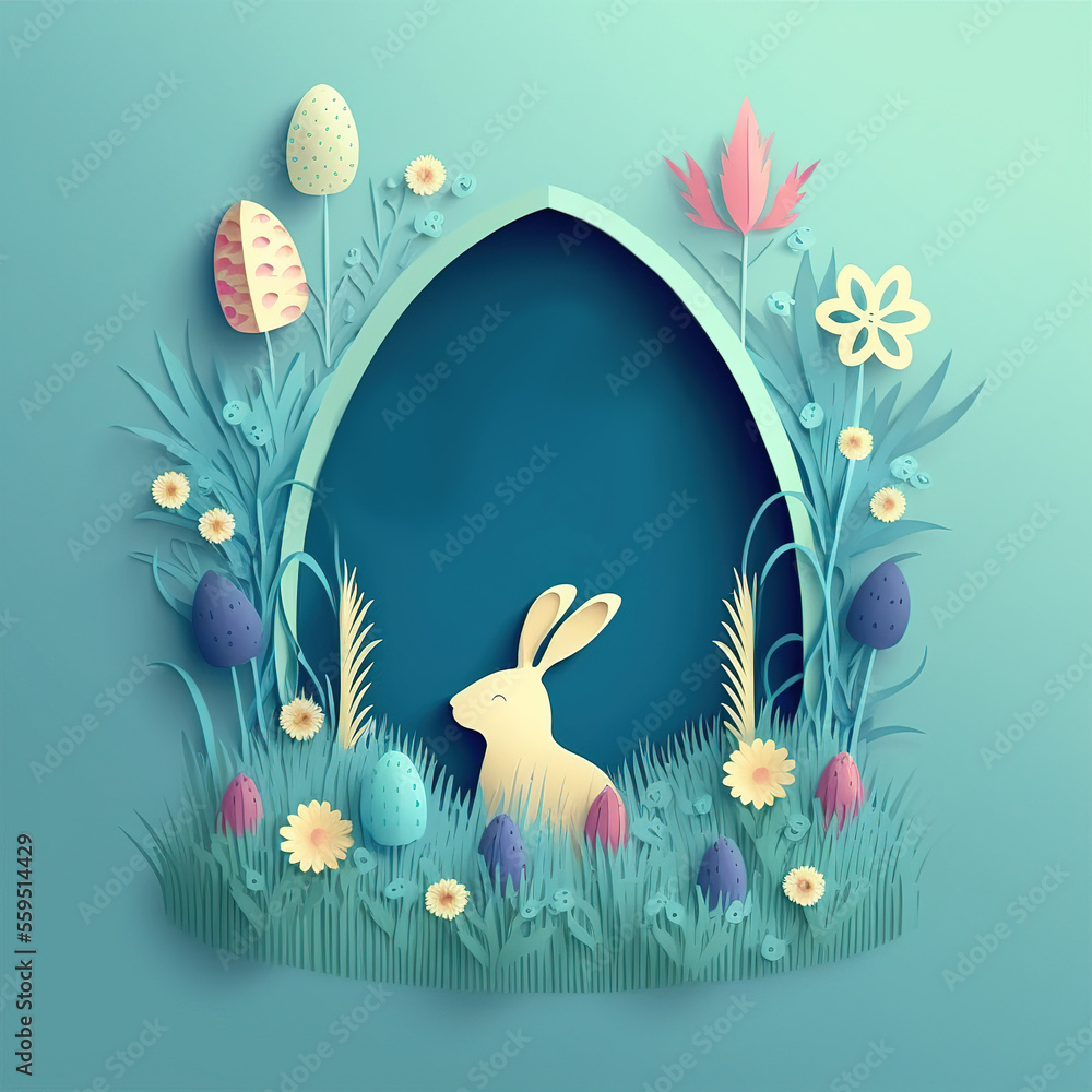 Paper cut-out, Easter card with a rabbit, generative AI - obrazy, fototapety, plakaty 