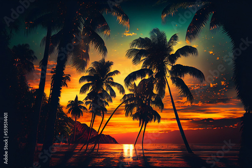 Beautiful Colorful Sunset Background Tropical Ocean beach. Illustration Generative AI