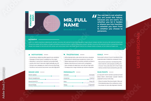 User Persona Document Template Vector Illustration. Examples of User Personas template. Persona Document. Persona Template for UI UX designer. User Persona vector horizontal template with double color