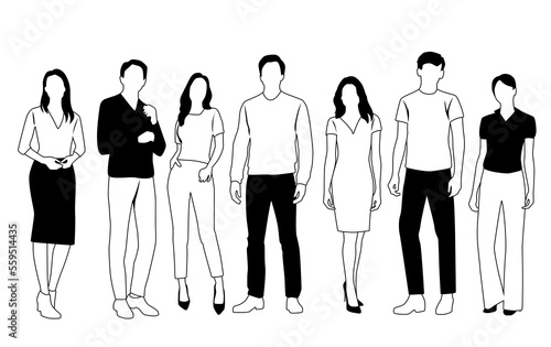 Vector silhouettes of  men and a women, a group of standing  business people,  linear sketch, black and white color isolated on white background