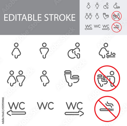 Toilet Room Silhouette Icon. Set of WC Sign. Bathroom, Restroom Pictogram. Public Washroom for Disabled, Male, Female, Transgender. Mother and Baby Room. No smoking Sign. Vector Illustration.