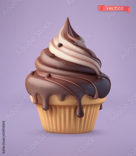 Chocolate cupcake, 3d vector icon