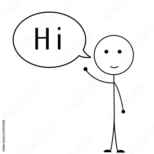 conceptual stickman illustration of a businessman or man greeting with a text bubble or speech balloon and waving his hand , saying hi 