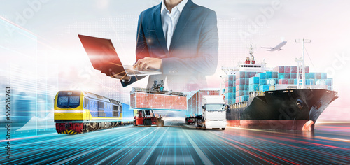 Business and technology digital future of cargo containers logistics transportation import export concept, Engineer using laptop online tracking control delivery distribution on world map background