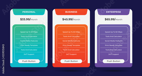 Modern pricing table design with colorful subscription plans, Hosting table banner, Colorful Pricing Table Design
