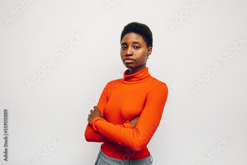 black woman person wearing a red shirt on a white background