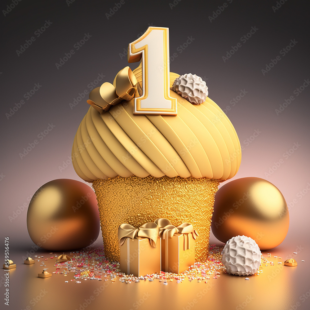 gold birthday cupcake with balloon and number. Generative AI - obrazy, fototapety, plakaty 