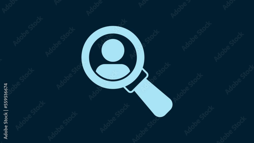 White Magnifying glass for search a people icon isolated on blue background. Recruitment or selection concept. Search for employees and job. 4K Video motion graphic animation White Magnifying glass for search a people icon isolated on blue background. Recruitment or selection concept. Search for employees and job. 4K Video motion graphic animation