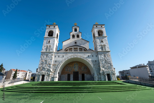 View of cathedral of podgorica from front side with clean blue sky