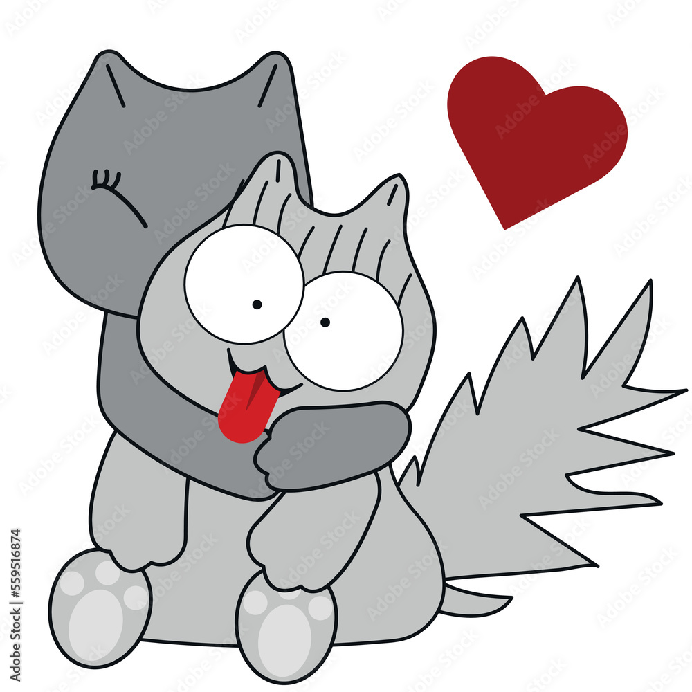 Two cute cartoon kittens on the background of the heart.Valentine's Day. Two cute cartoon kittens on the background of the heart.Valentine's Day.