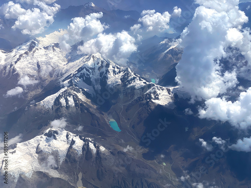 Andes in Peru. Mountains, lakes and snow. Bird-eye view