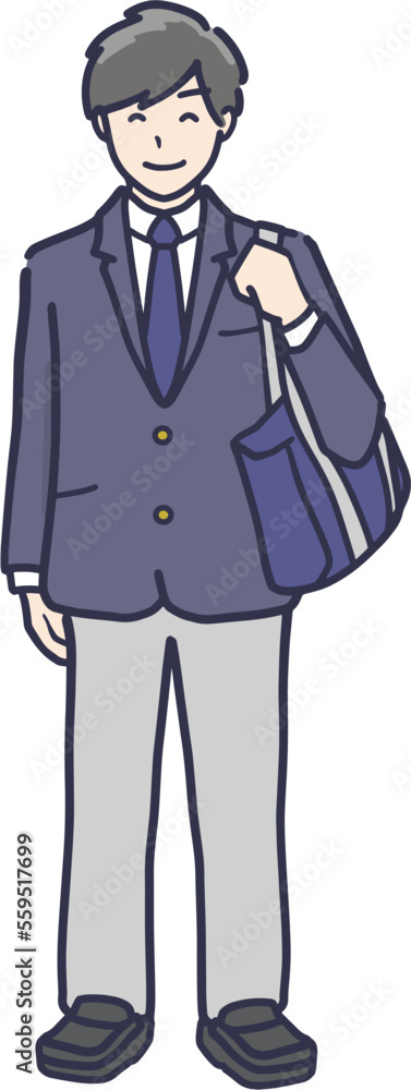 学生鞄を持って通学するブレザーの制服を着た男子高生の全身イラスト