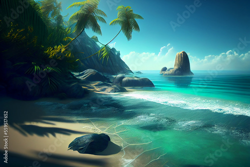 Beautiful Colorful Sunset Background Tropical Ocean beach. Illustration Generative AI