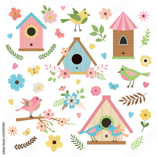 Cute spring hand drawn collection with birds, bird houses, flowers, and leaves. Great for scrapbooking, invitations, greeting cards, and posters. Isolated on white background.