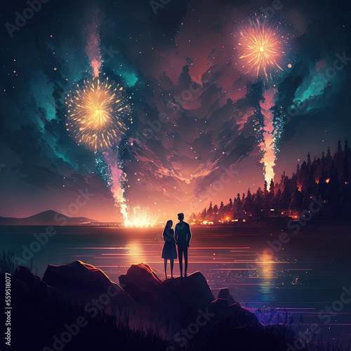 lovers watching the fireworks show, generative AI 