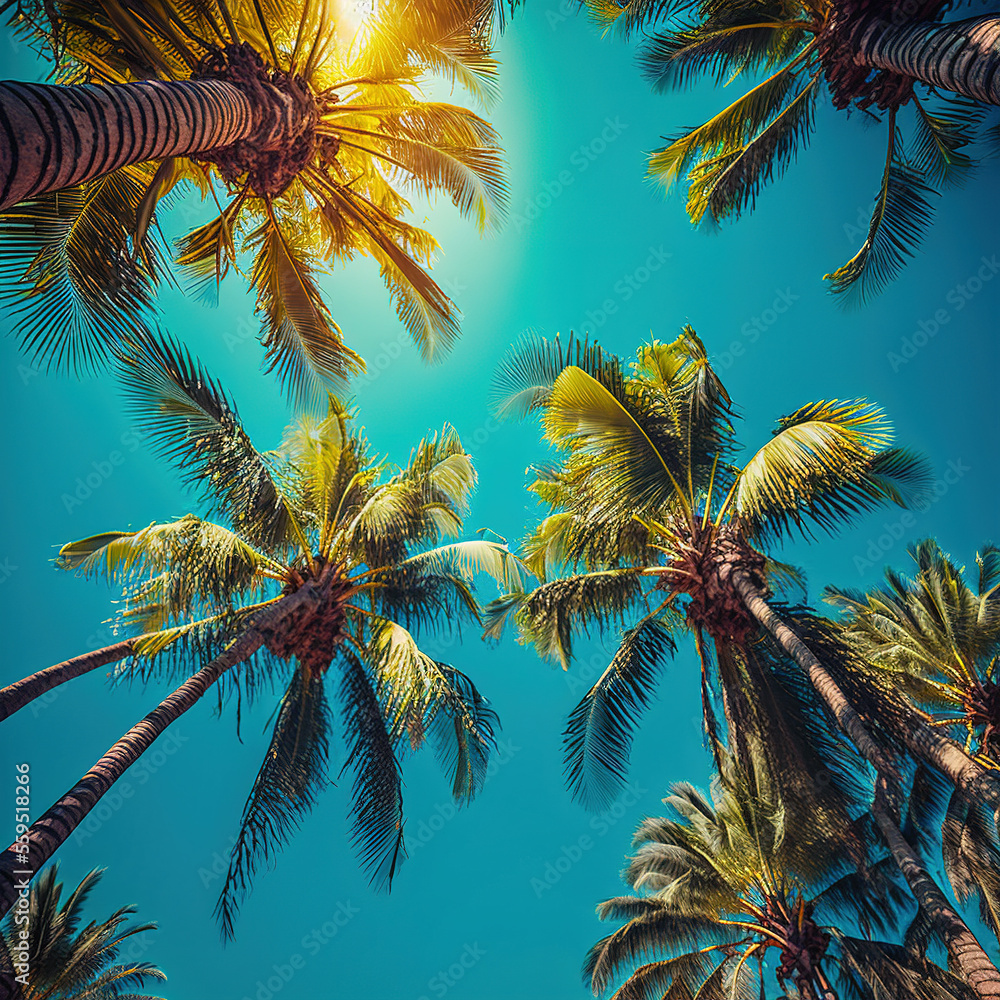 palm trees against a blue sky. Generative AI - obrazy, fototapety, plakaty 