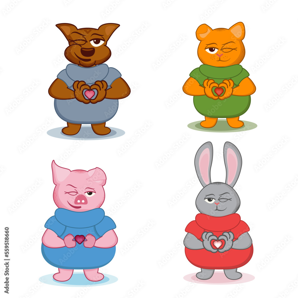 set of characters for valentine's day with a heart in its paws, the character of a cat, dog, pig, hare shows a heart for an advertising banner, poster, postcard set of characters for valentine's day with a heart in its paws, the character of a cat, dog, pig, hare shows a heart for an advertising banner, poster, postcard