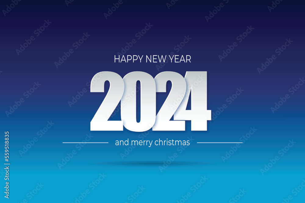 Happy new year 2024 white numbers paper cut style on a blue background vector illustration